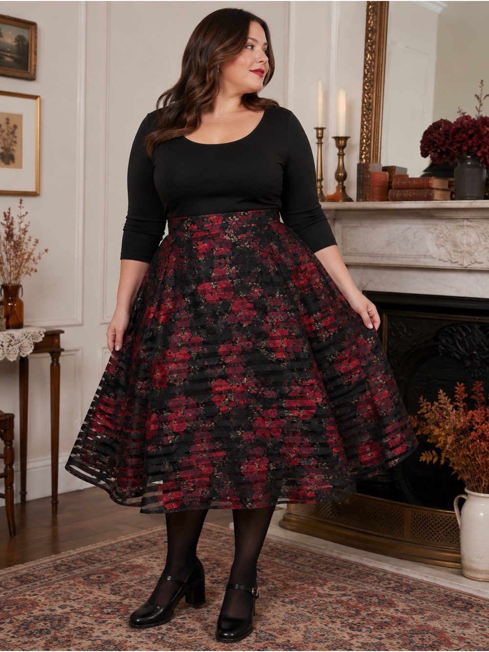 Torrid 2015 Holiday Plus Size 20 Floral Sheer Stripe Fit Flare Midi Skirt